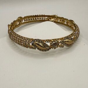 Gold Crystal on Gold Polished Bangle Bracelet with Leaves and Diamond Accents